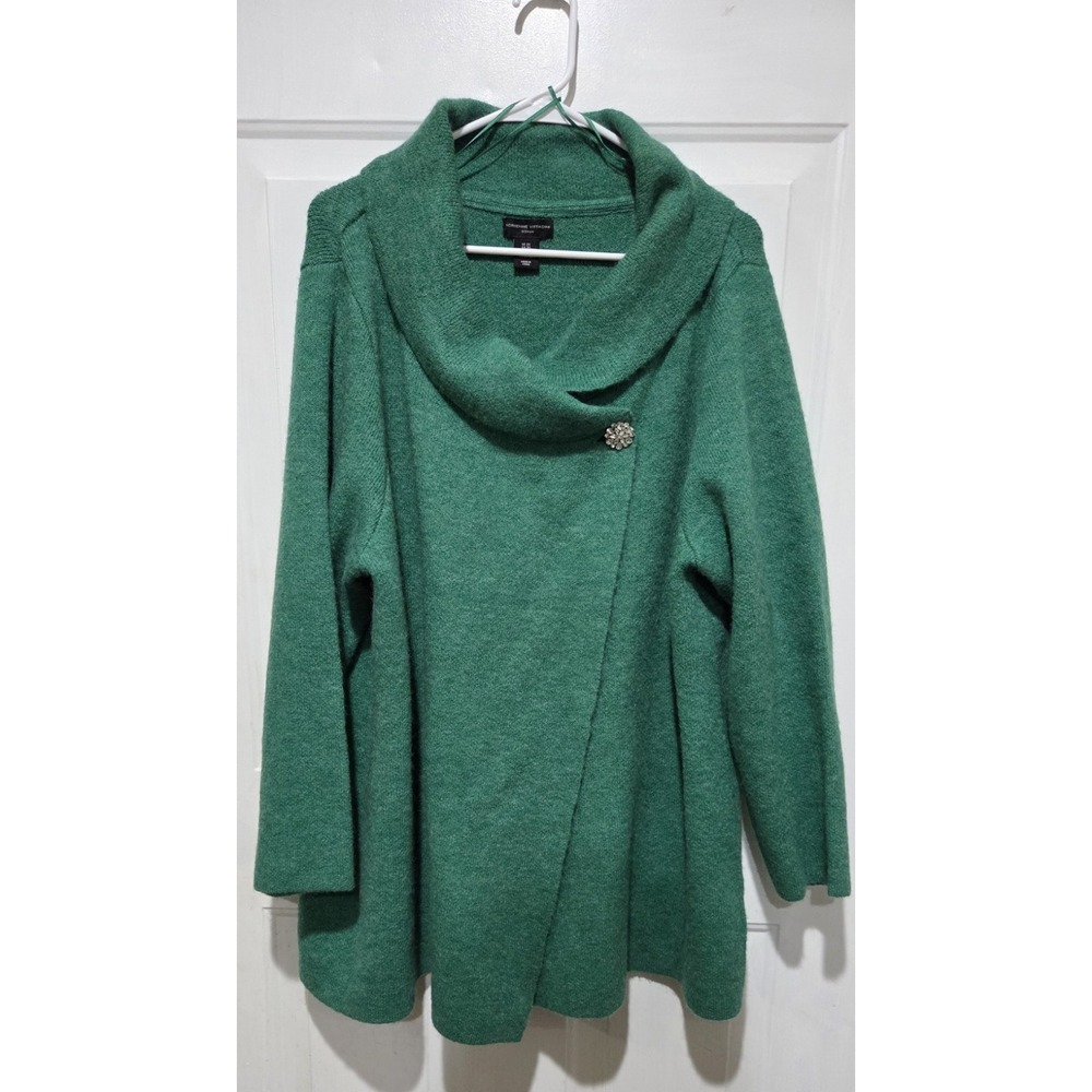 Adrienne Vittadini Women 2XL Green Cowl Neck Sweater W/ Rhinestone Brooch Close